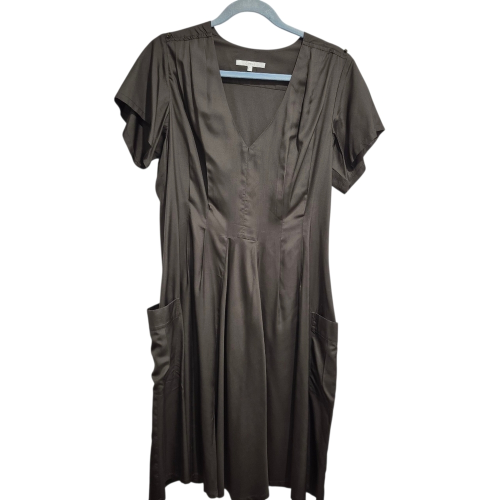 Dark Grey Silk Cassis Short Sleeve Dress with Waist Tie/Pockets
